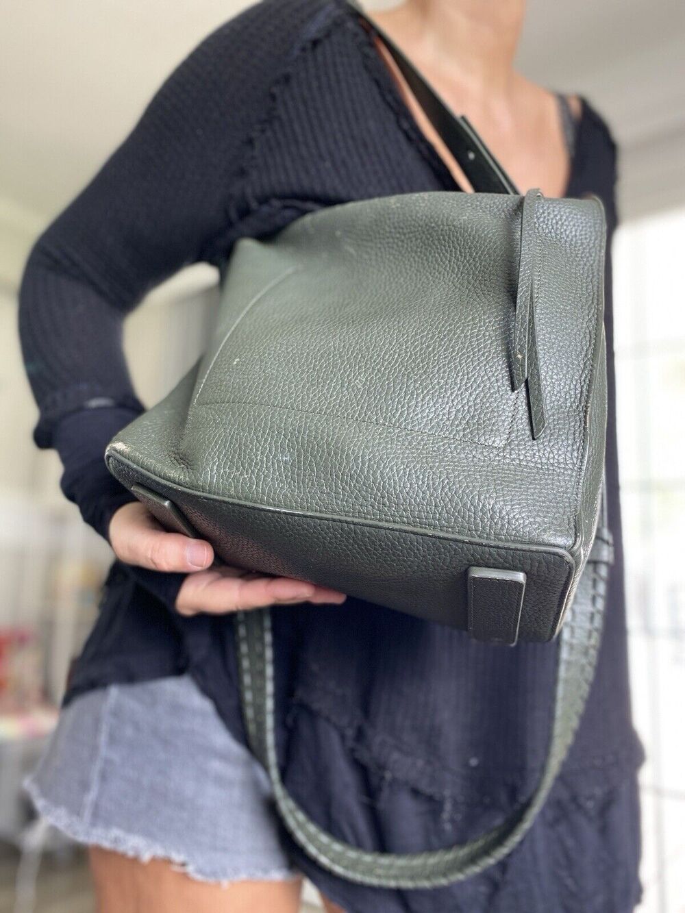 ALLSAINTS Crossbody Kita Shoulder Bag Pebbled Leather Handbag Olive Gray